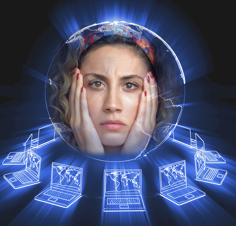 graphic of sad-faced woman surrounded by a computer network