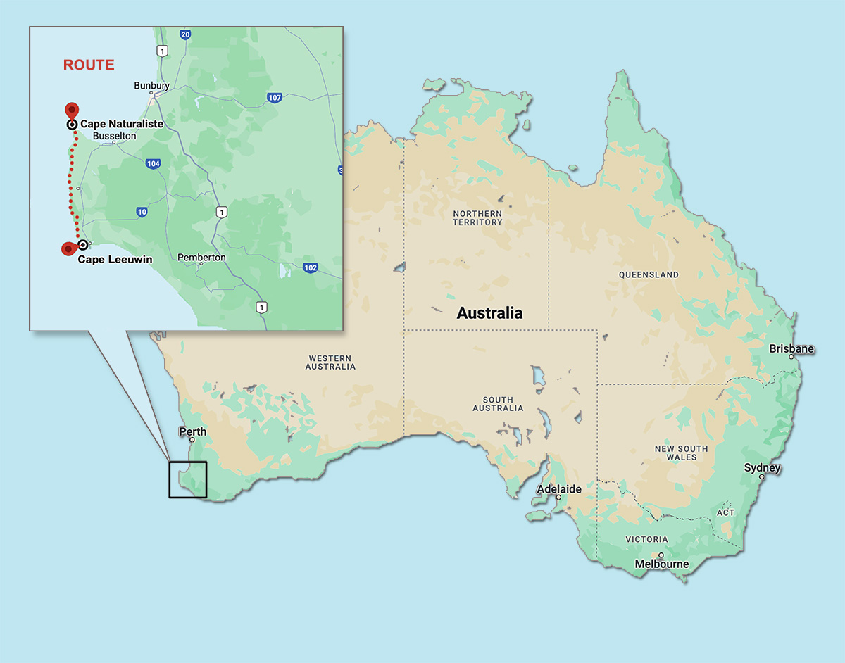 Map of Australia with inset showing hiking route along the southwest coast