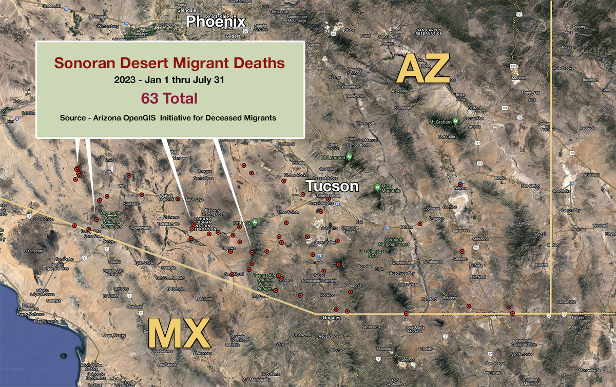 Map showing location of 63 Migrant deaths in Southern Arizona 