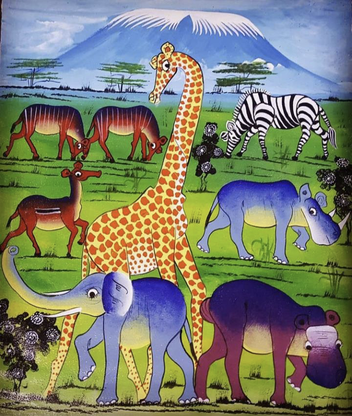 One of David Kabamo's stylized paintings of grazing giraffes, zebras, elephant, and other animals
