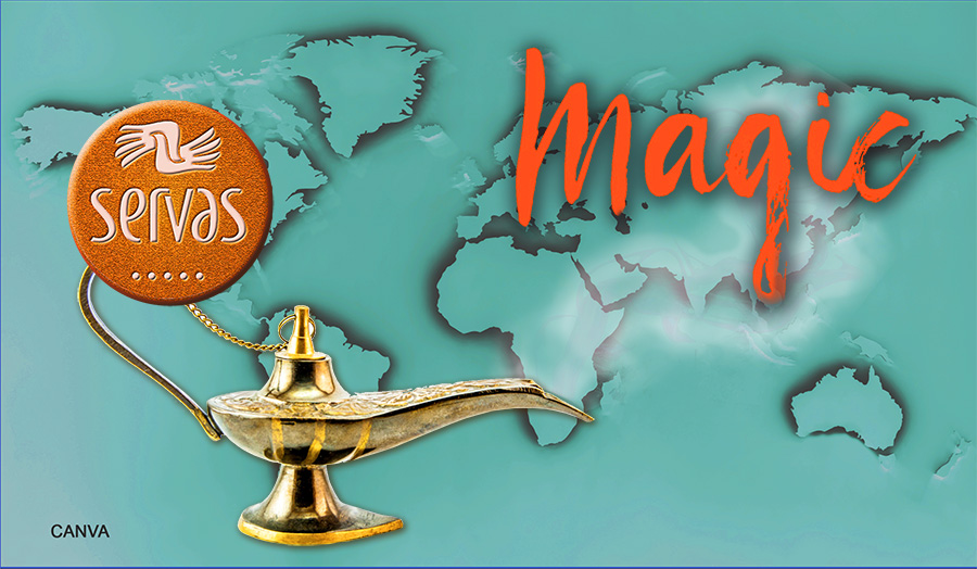 Graphic of magic lamp, servas Logo, world map, and the word Magic