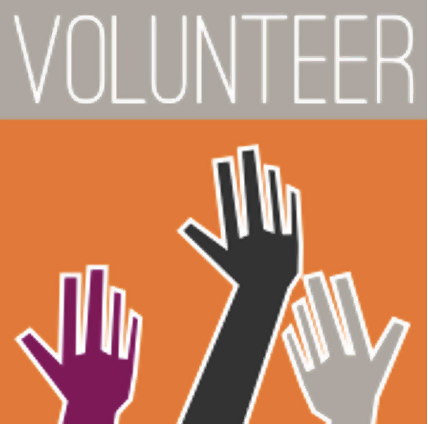 Graphic with hands raised and the word Volunteer